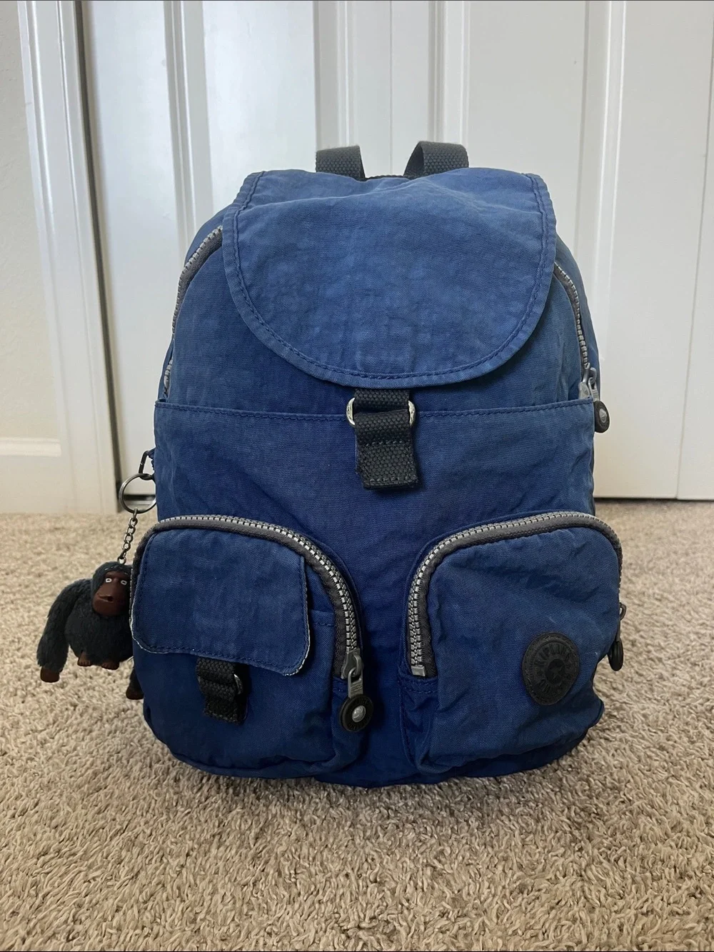Kipling Navy Blue Nylon Backpack with Monkey Keychain